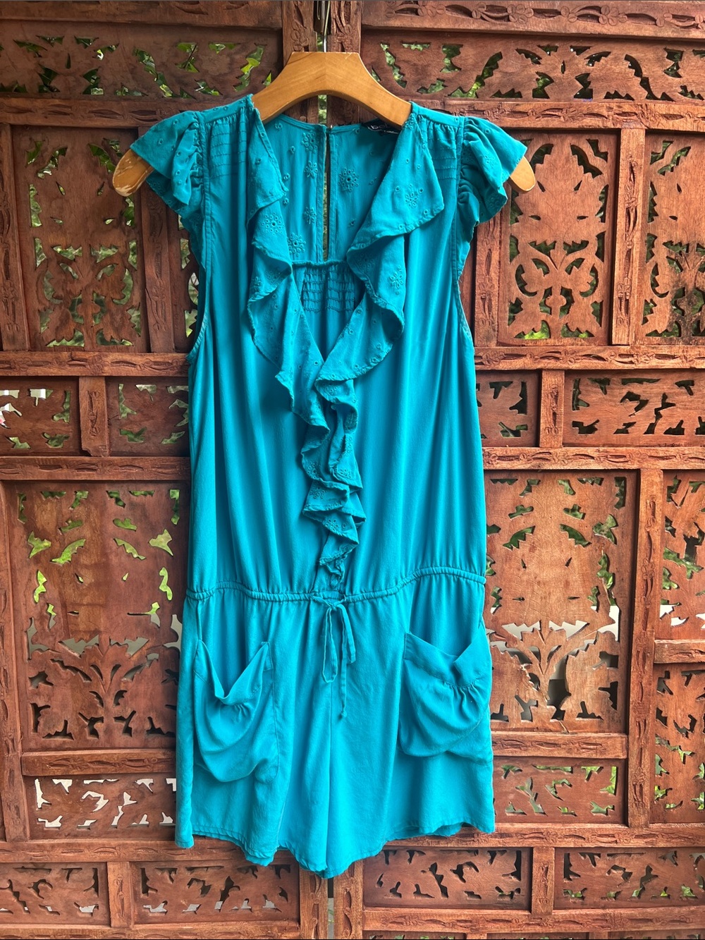 Y2K bebe Silk Teal Ruffle-Front Romper